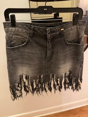 Distressed Fringe Denim Skirt - Women's